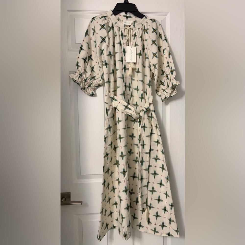 Cream Midi Dress with Green Print and Tie Waist